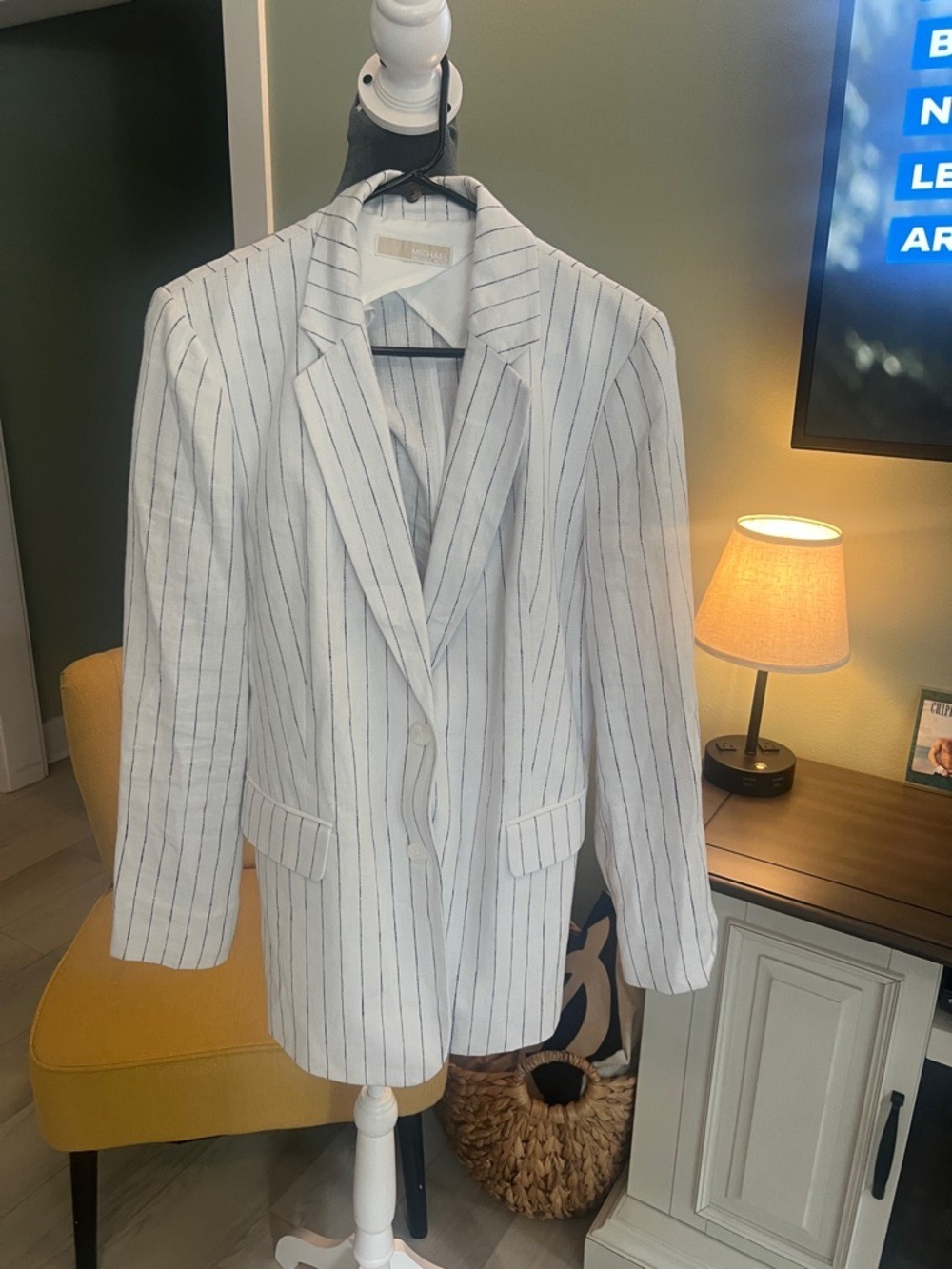 MICHAEL Michael Kors White Pinstripe Linen-Blend Blazer